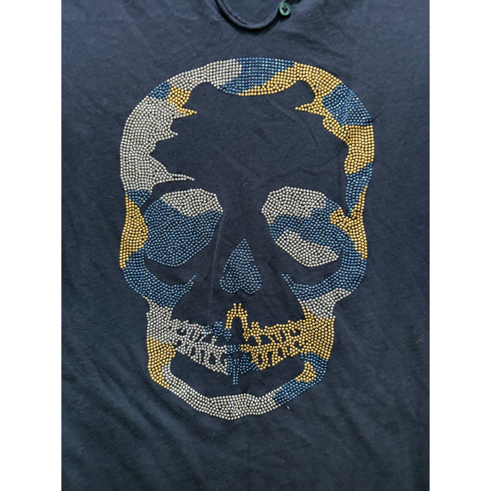 Zadig & Voltaire Camo Skull Strass Navy Blue Henley T-Shirt Size L - Picture 2 of 8